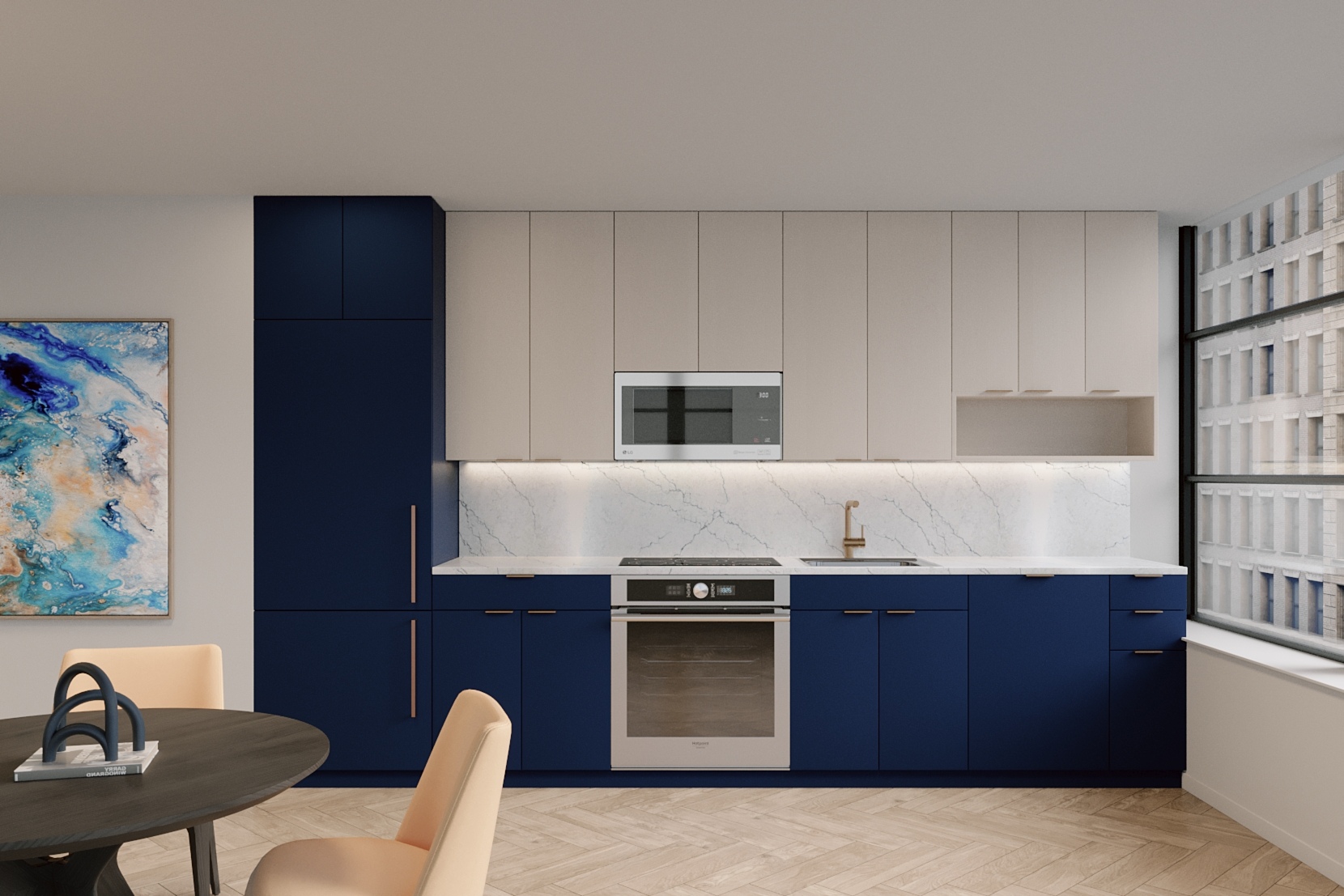 Elegant apartment kitchen with blue accents & marble countertops and huge windows at Quincy luxury apartments in NYC.